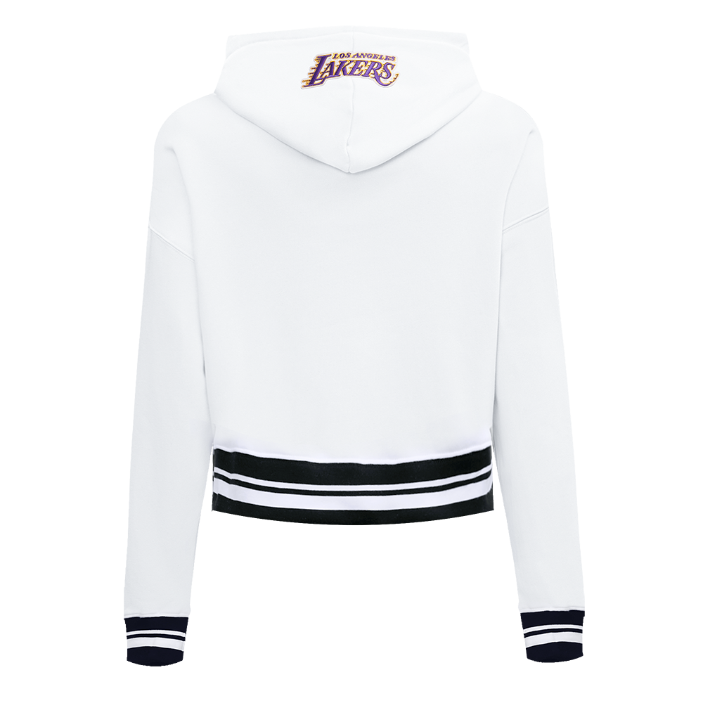 NBA LOS ANGELES LAKERS SCRIPT TAIL WOMEN'S RIB FLEECE CROPPED PULLOVER HOODIE (WHITE/BLACK)