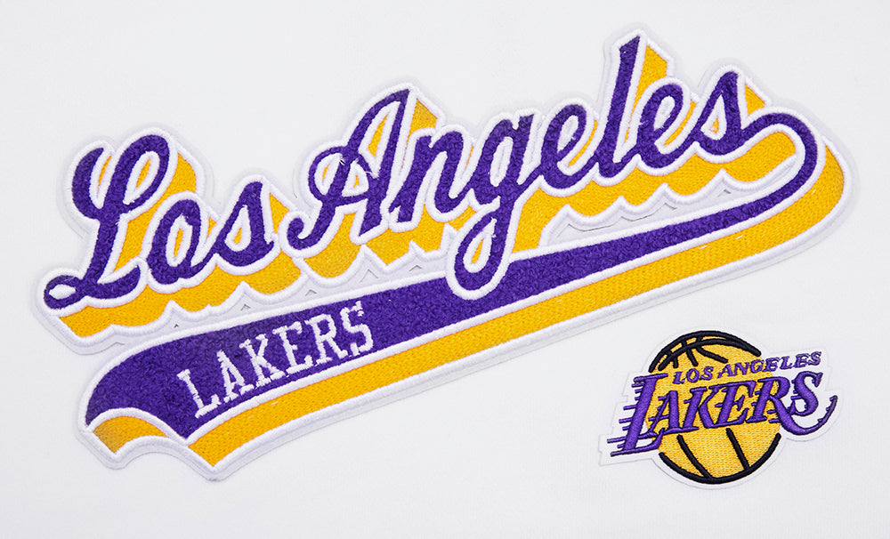 NBA LOS ANGELES LAKERS SCRIPT TAIL WOMEN'S RIB FLEECE CROPPED PULLOVER HOODIE (WHITE/BLACK)
