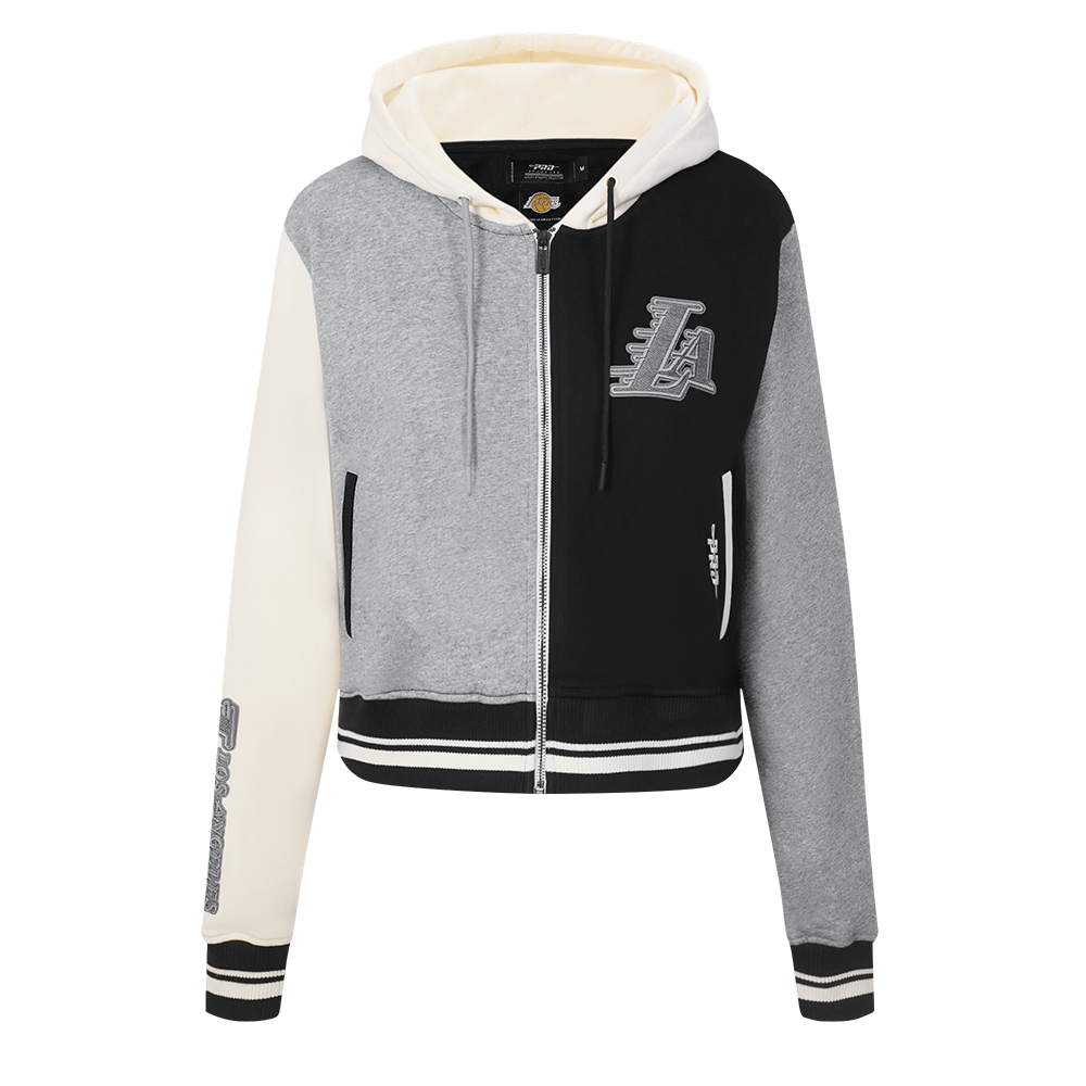 NBA LOS ANGELES LAKERS REVERSE FRENCH TERRY CHANDAIL À CAPUCHON EN MOLLETON À GLISSIÈRE ET À BLOCS DE COULEUR POUR FEMME (NOIR/GRIS/COQUILLE D'ŒUF)
