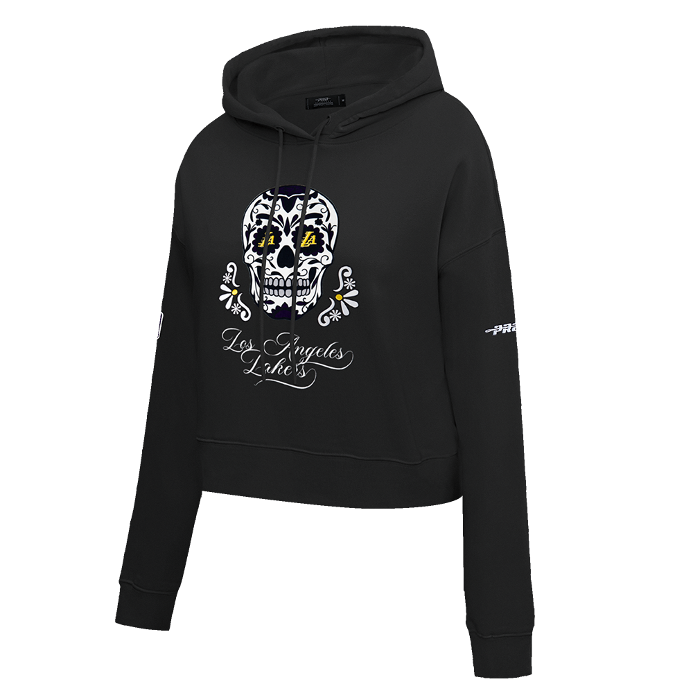 NBA LOS ANGELES LAKERS SUGAR SKULL WOMEN'S FLEECE CROPPED PULLOVER HOODIE (BLACK)