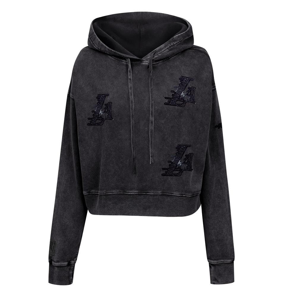 NBA LOS ANGELES LAKERS WASHED CRYSTALLINE WOMEN'S CROPPED PULLOVER HOODIE (WASHED BLACK)
