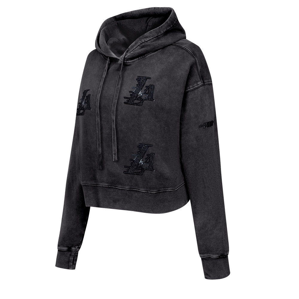 NBA LOS ANGELES LAKERS WASHED CRYSTALLINE WOMEN'S CROPPED PULLOVER HOODIE (WASHED BLACK)