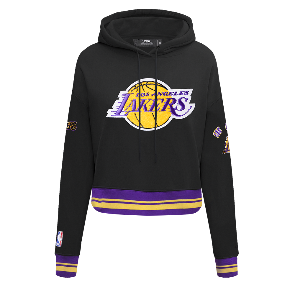 NBA LOS ANGELES LAKERS RETRO CLASSIC WOMEN'S CROPPED PULLOVER HOODIE (BLACK/PURPLE/YELLOW)