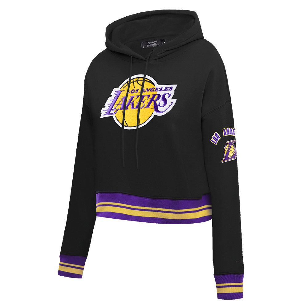 NBA LOS ANGELES LAKERS RETRO CLASSIC WOMEN'S CROPPED PULLOVER HOODIE (BLACK/PURPLE/YELLOW)