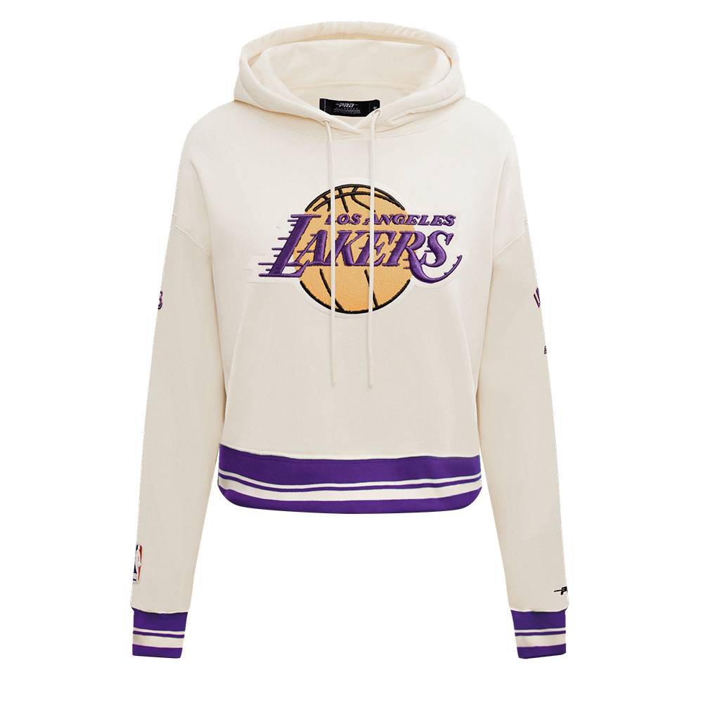 NBA LOS ANGELES LAKERS RETRO CLASSIC WOMEN'S CROPPED PULLOVER HOODIE (EGGSHELL/ PURPLE)
