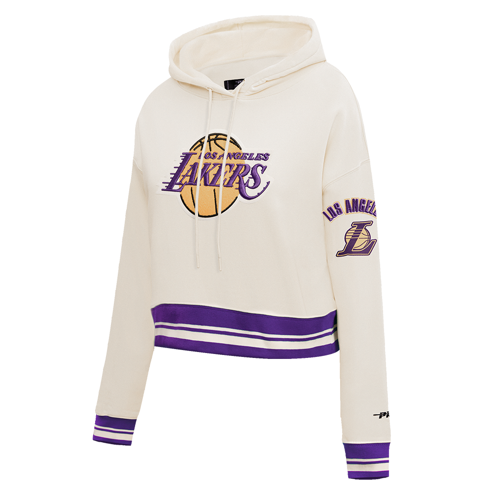 NBA LOS ANGELES LAKERS RETRO CLASSIC WOMEN'S CROPPED PULLOVER HOODIE (EGGSHELL/ PURPLE)