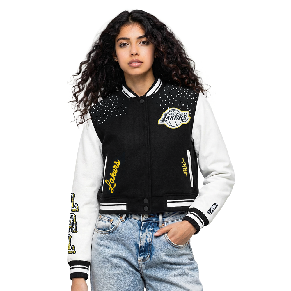 NBA LOS ANGELES LAKERS LEGACY BLOUSON COLLÉGIAL COURT EN LAINE À BORDS CÔTELÉS POUR FEMME (NOIR/BLANC)