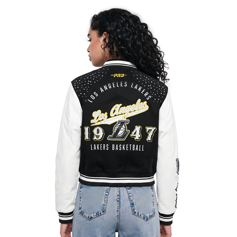 NBA LOS ANGELES LAKERS LEGACY BLOUSON COLLÉGIAL COURT EN LAINE À BORDS CÔTELÉS POUR FEMME (NOIR/BLANC)