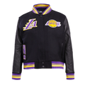 NBA LOS ANGELES LAKERS RETRO CLASSIC BLOUSON COLLÉGIAL EN LAINE À BORDS CÔTELÉS POUR FEMME (NOIR/VIOLET/JAUNE)