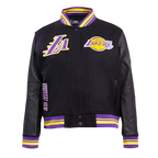 NBA LOS ANGELES LAKERS RETRO CLASSIC BLOUSON COLLÉGIAL EN LAINE À BORDS CÔTELÉS POUR FEMME (NOIR/VIOLET/JAUNE)