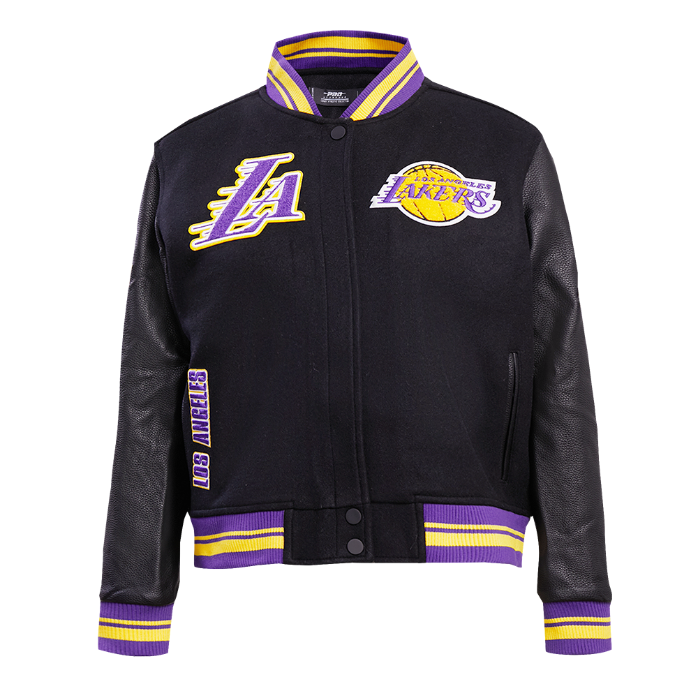 NBA LOS ANGELES LAKERS RETRO CLASSIC BLOUSON COLLÉGIAL EN LAINE À BORDS CÔTELÉS POUR FEMME (NOIR/VIOLET/JAUNE)