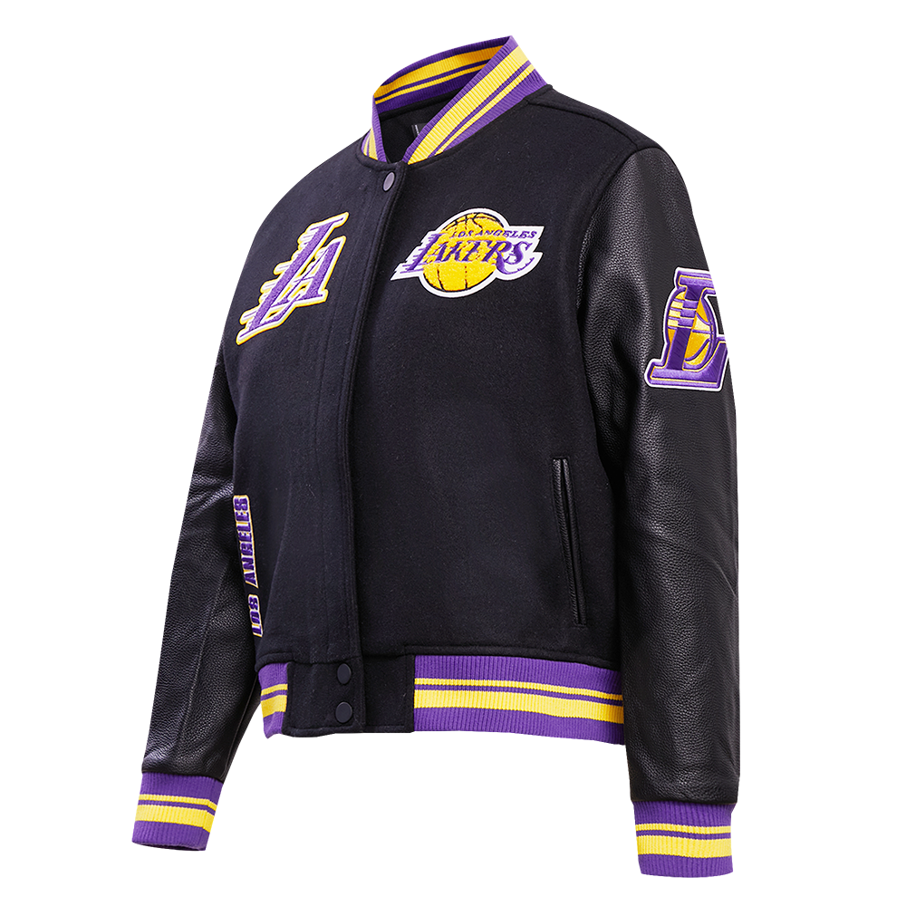 NBA LOS ANGELES LAKERS RETRO CLASSIC BLOUSON COLLÉGIAL EN LAINE À BORDS CÔTELÉS POUR FEMME (NOIR/VIOLET/JAUNE)
