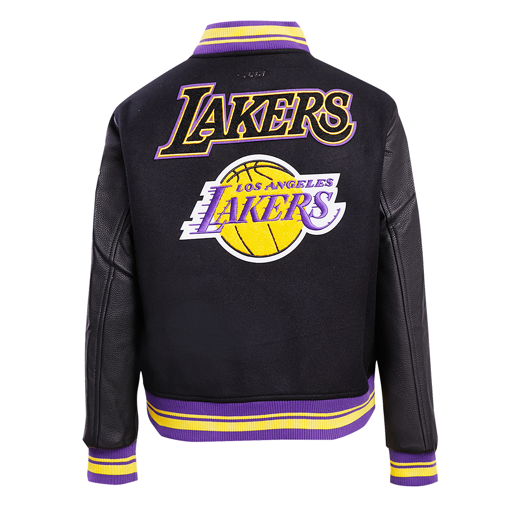NBA LOS ANGELES LAKERS RETRO CLASSIC BLOUSON COLLÉGIAL EN LAINE À BORDS CÔTELÉS POUR FEMME (NOIR/VIOLET/JAUNE)