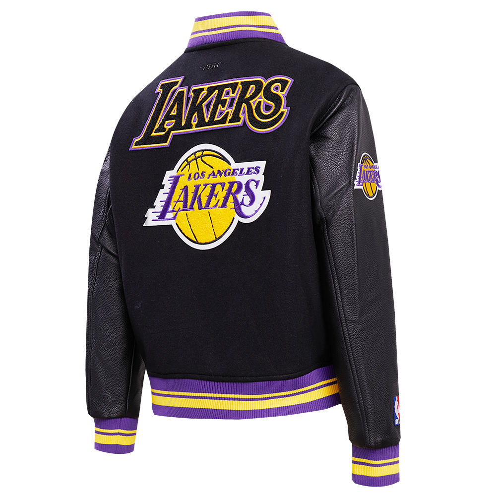 NBA LOS ANGELES LAKERS RETRO CLASSIC BLOUSON COLLÉGIAL EN LAINE À BORDS CÔTELÉS POUR FEMME (NOIR/VIOLET/JAUNE)