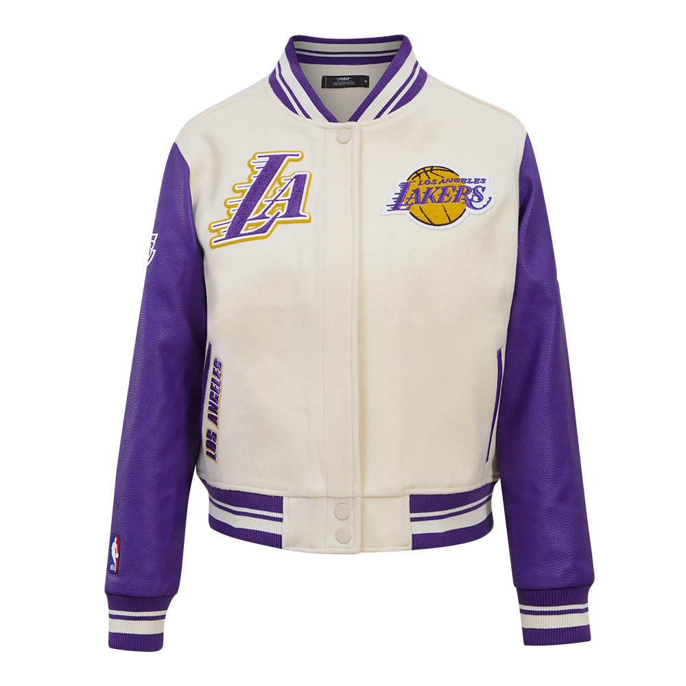 NBA LOS ANGELES LAKERS RETRO CLASSIC BLOUSON COLLÉGIAL EN LAINE À BORDS CÔTELÉS POUR FEMME (COQUILLE D'ŒUF/VIOLET)