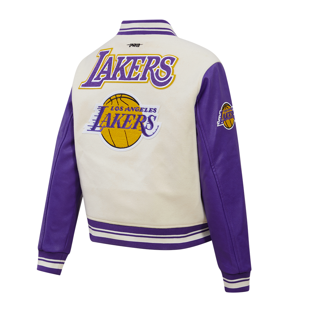 NBA LOS ANGELES LAKERS RETRO CLASSIC BLOUSON COLLÉGIAL EN LAINE À BORDS CÔTELÉS POUR FEMME (COQUILLE D'ŒUF/VIOLET)
