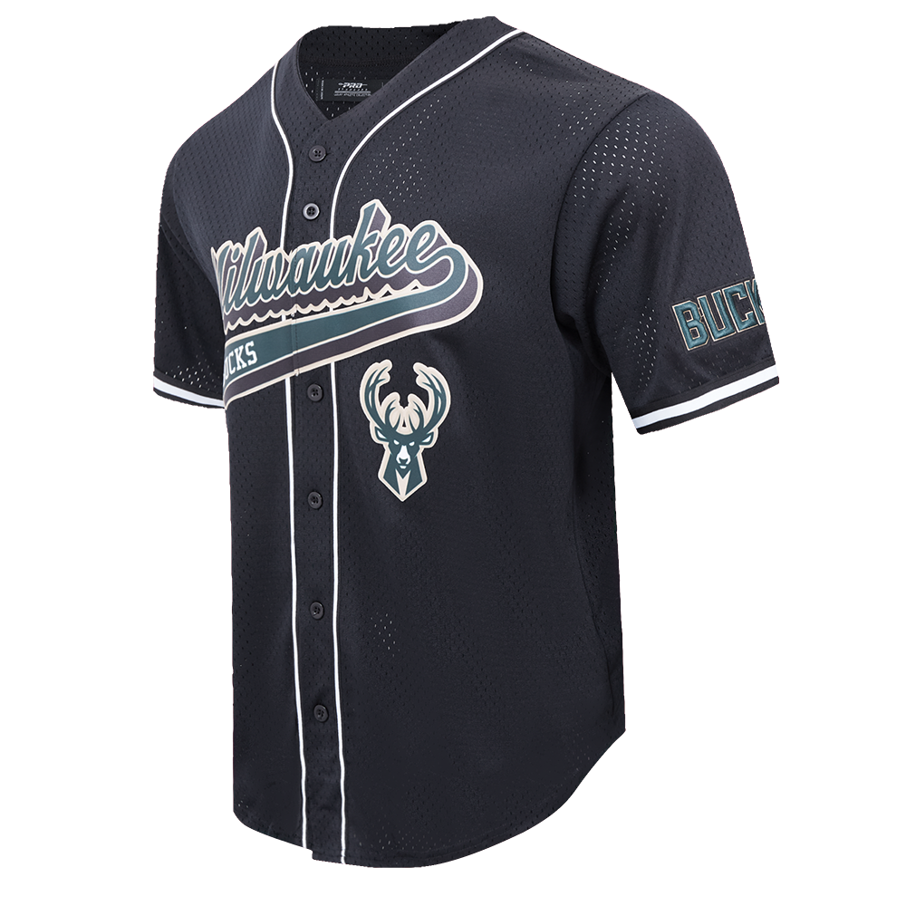 NBA MILWAUKEE BUCKS SCRIPT TAIL MEN'S MESH BUTTON DOWN SHIRT (BLACK)