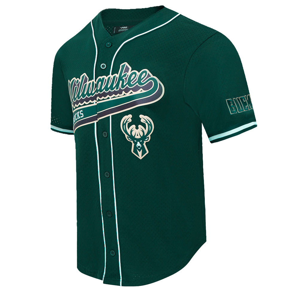 NBA MILWAUKEE BUCKS SCRIPT TAIL MEN'S MESH BUTTON DOWN SHIRT (FOREST GREEN)
