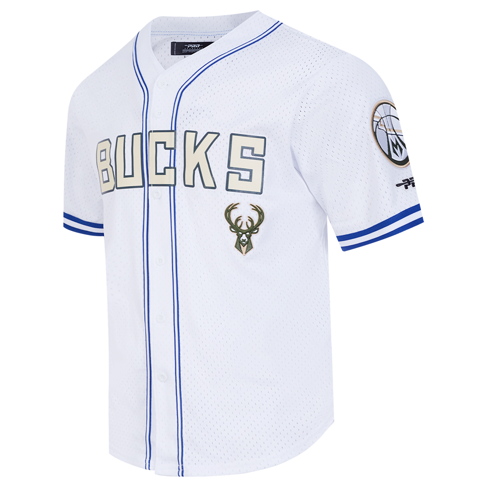 NBA MILWAUKEE BUCKS CITY EDITION 24-25 MEN'S MESH BUTTON DOWN SHIRT (WHITE/ROYAL BLUE)