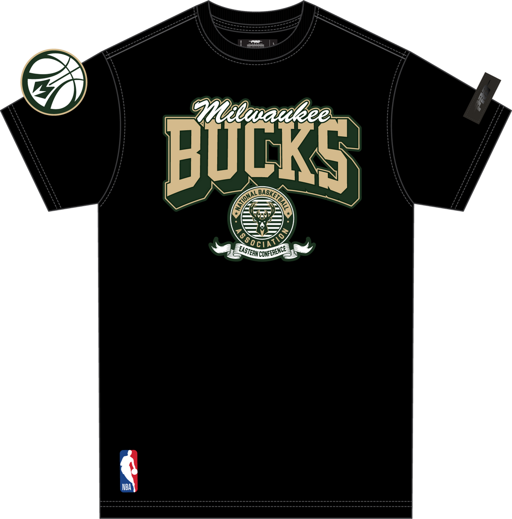 NBA MILWAUKEE BUCKS TEAM BADGE T-SHIRT EN JERSEY SIMPLE POUR FEMME POUR HOMME (NOIR)