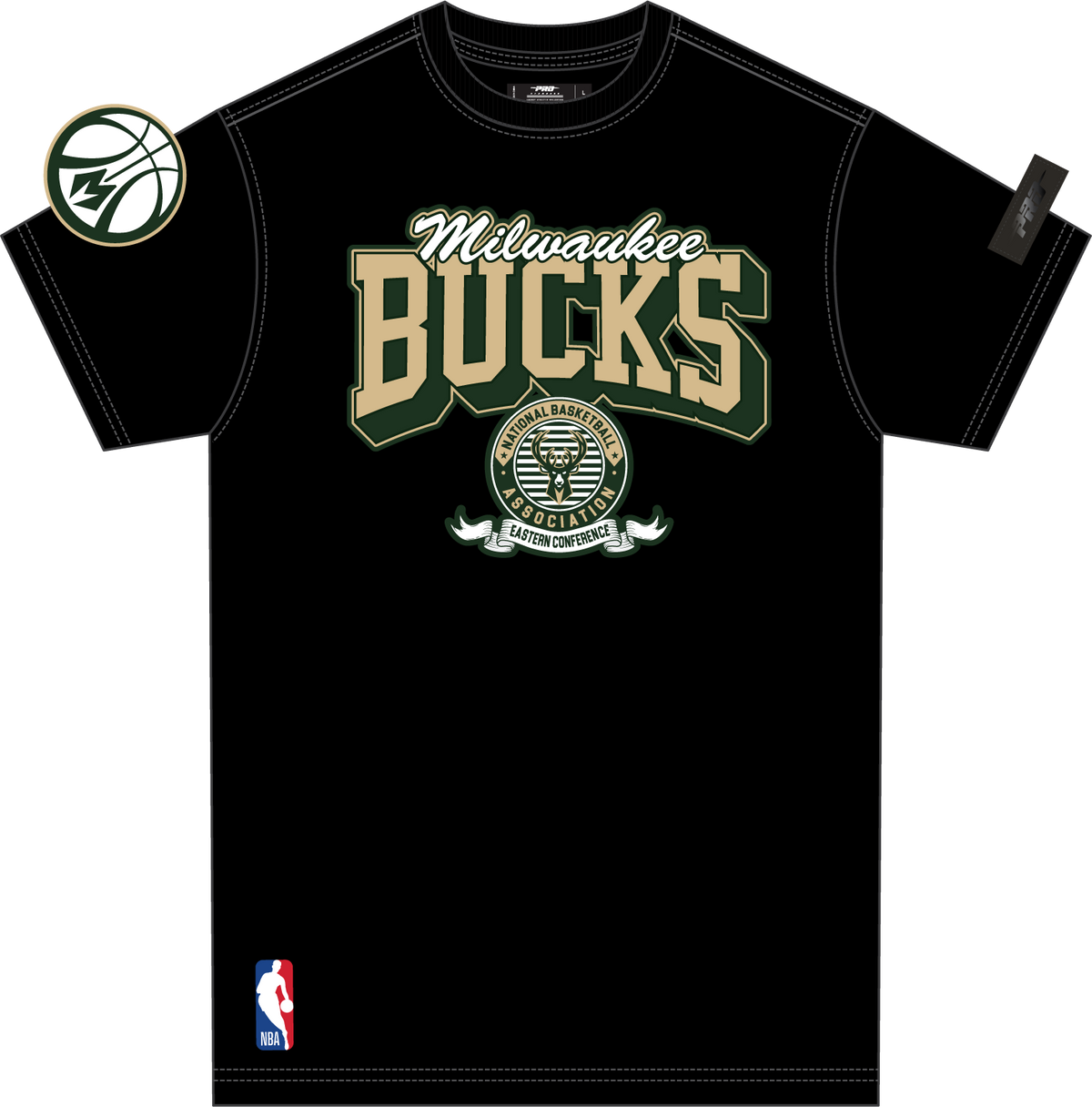 NBA MILWAUKEE BUCKS TEAM BADGE T-SHIRT EN JERSEY SIMPLE POUR FEMME POUR HOMME (NOIR)