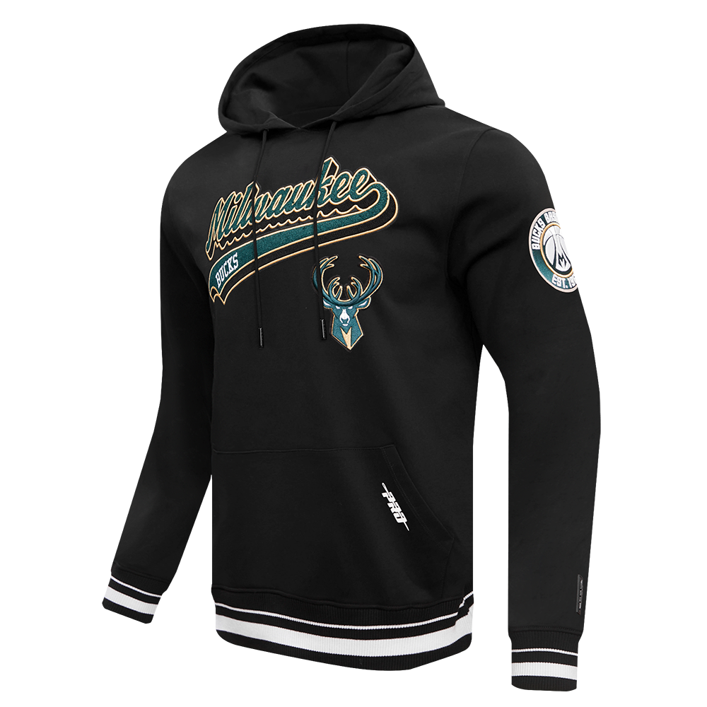 NBA MILWAUKEE BUCKS SCRIPT TAIL MEN'S RIB FLEECE PULLOVER HOODIE (BLACK)