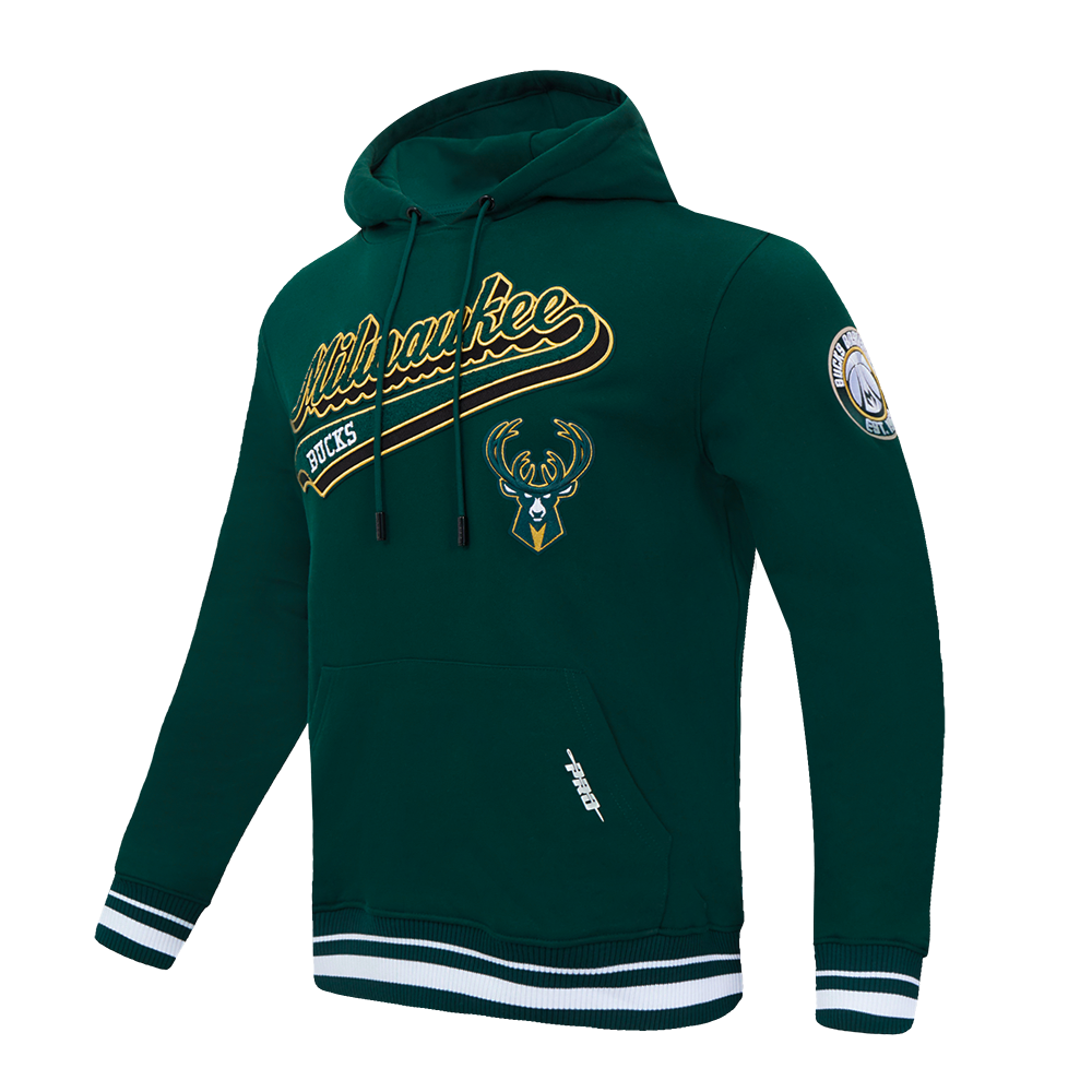 NBA MILWAUKEE BUCKS SCRIPT TAIL MEN'S RIB FLEECE PULLOVER HOODIE (FOREST GREEN)