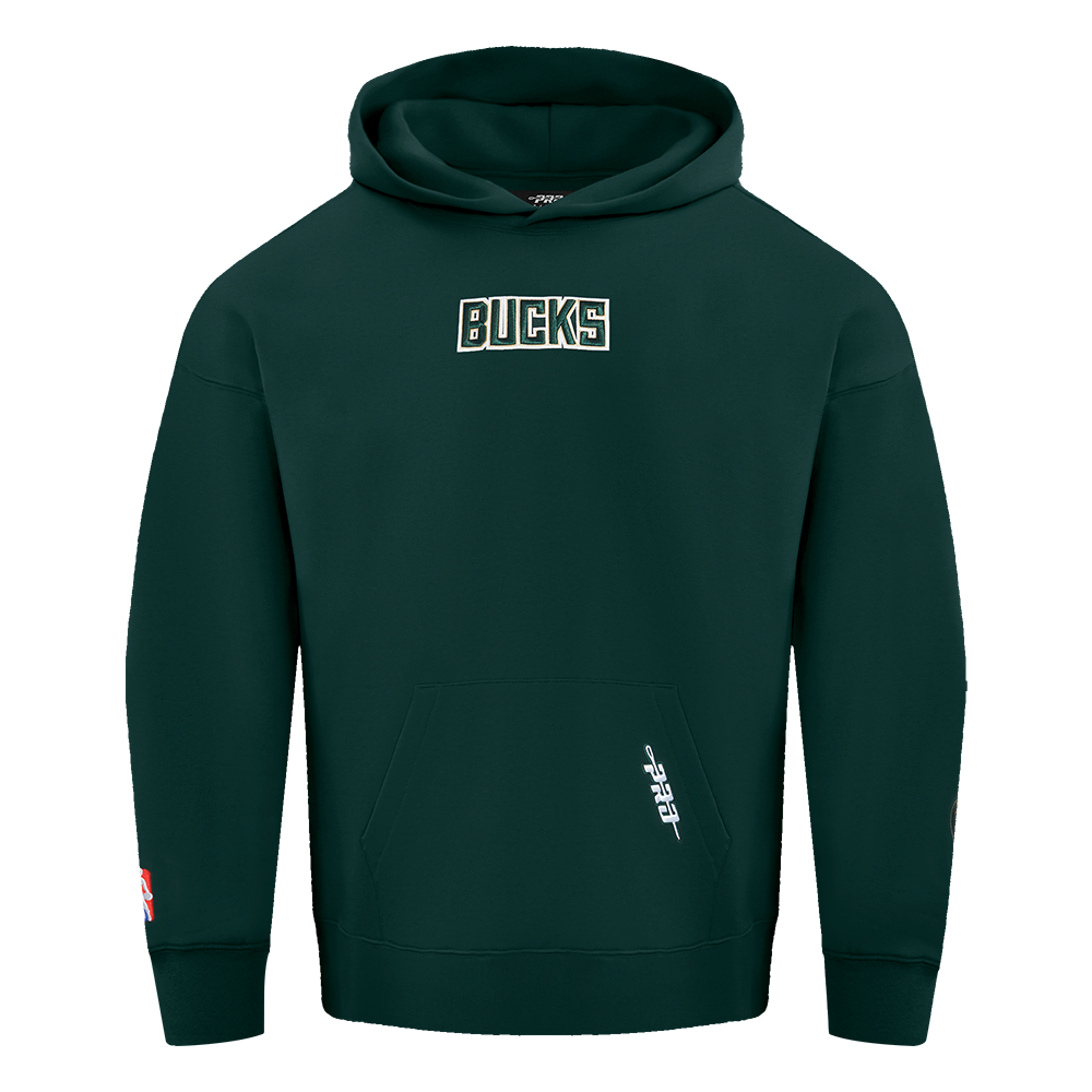 NBA MILWAUKEE BUCKS WINGSPAN MEN'S DROP SHOULDER FLEECE PULLOVER HOODIE (FOREST GREEN)