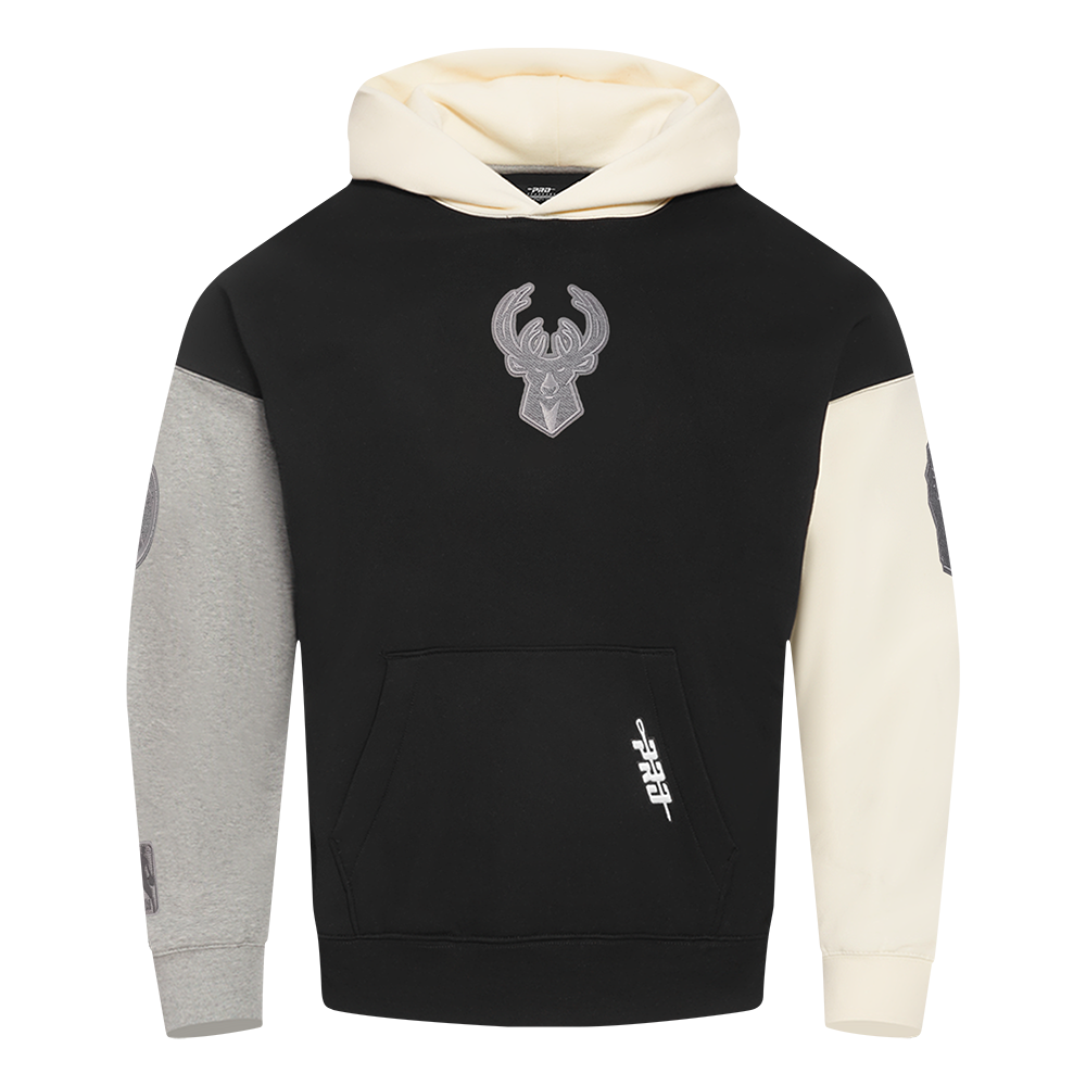 NBA MILWAUKEE BUCKS REVERSE FRENCH TERRY MEN'S COLOR BLOCK FLEECE PULLOVER HOODIE (BLACK/GRAY/EGGSHELL)
