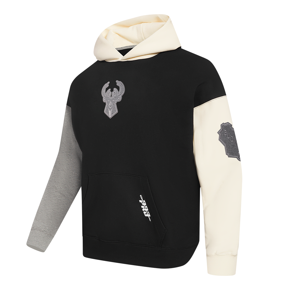 NBA MILWAUKEE BUCKS REVERSE FRENCH TERRY MEN'S COLOR BLOCK FLEECE PULLOVER HOODIE (BLACK/GRAY/EGGSHELL)