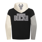 NBA MILWAUKEE BUCKS REVERSE FRENCH TERRY MEN'S COLOR BLOCK FLEECE PULLOVER HOODIE (BLACK/GRAY/EGGSHELL)