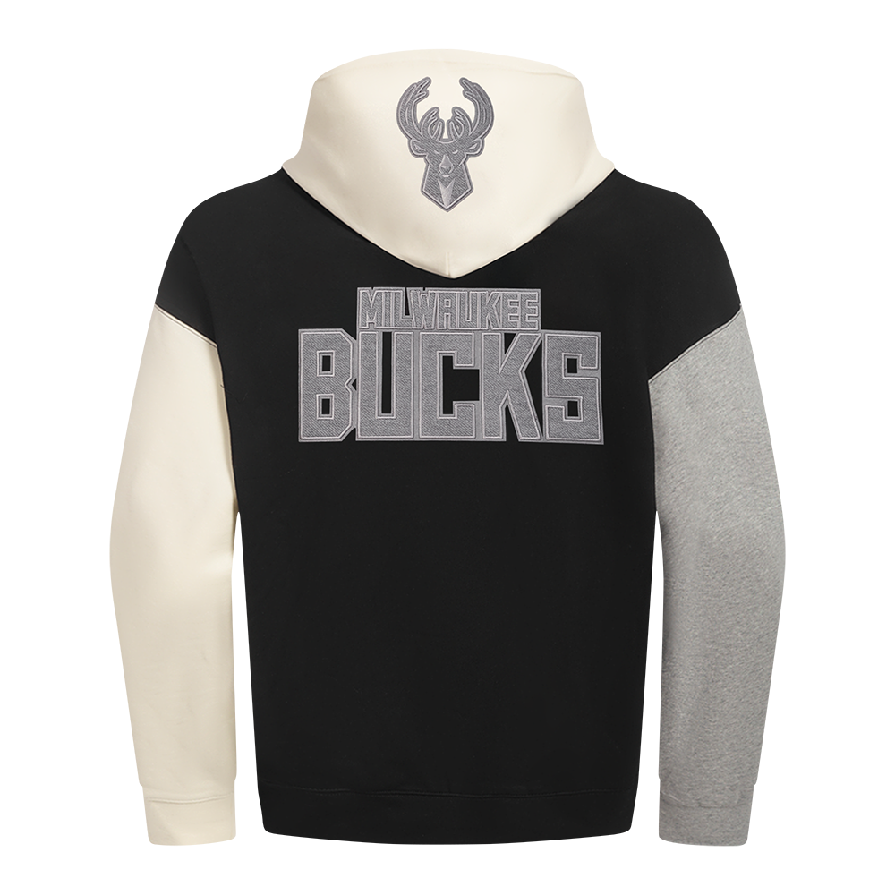 NBA MILWAUKEE BUCKS REVERSE FRENCH TERRY MEN'S COLOR BLOCK FLEECE PULLOVER HOODIE (BLACK/GRAY/EGGSHELL)