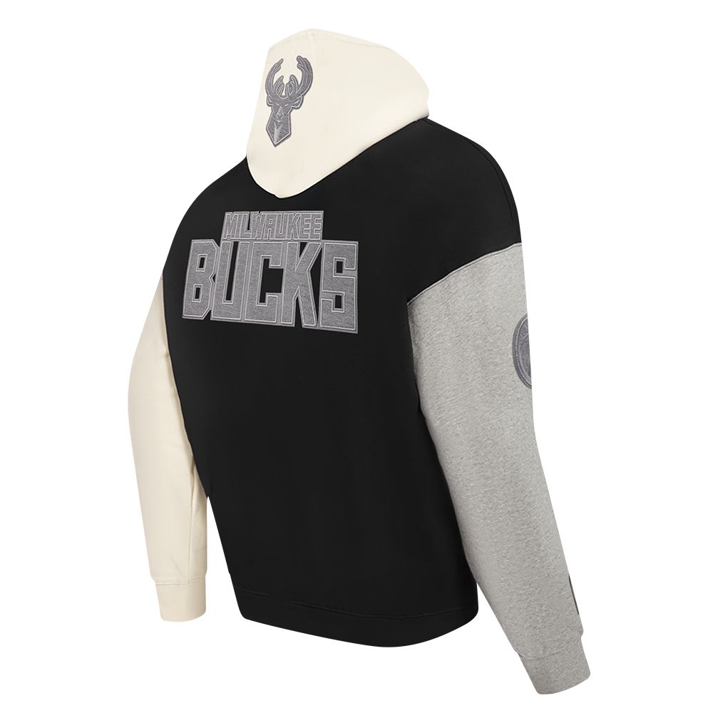 NBA MILWAUKEE BUCKS REVERSE FRENCH TERRY MEN'S COLOR BLOCK FLEECE PULLOVER HOODIE (BLACK/GRAY/EGGSHELL)