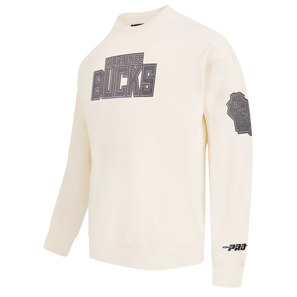 NBA MILWAUKEE BUCKS REVERSE FRENCH TERRY MEN'S DROP SHOULDER FLEECE CREWNECK (EGGSHELL)