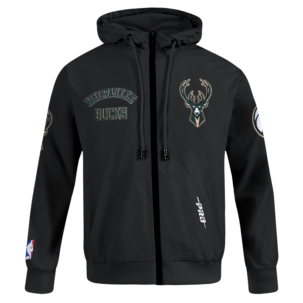 NBA MILWAUKEE BUCKS CLASSIC WIND SUIT CHANDAIL À CAPUCHON TISSÉ À GLISSIÈRE POUR HOMME (NOIR)