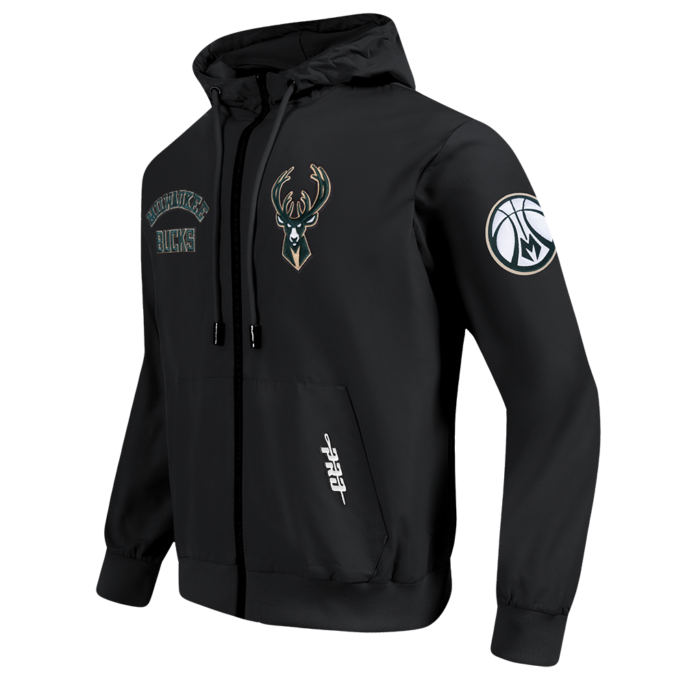 NBA MILWAUKEE BUCKS CLASSIC WIND SUIT MEN'S WOVEN FULL ZIP PULLOVER HOODIE (BLACK)