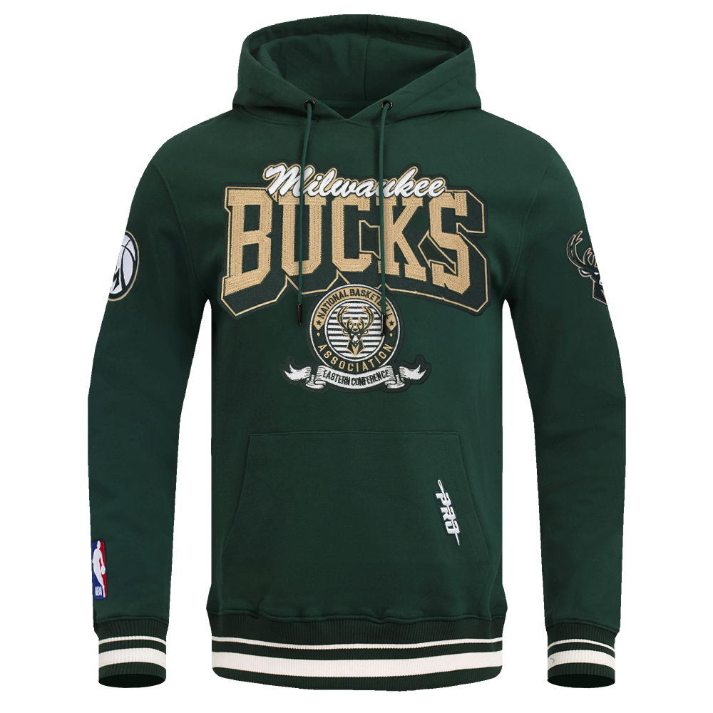 NBA MILWAUKEE BUCKS TEAM BADGE MEN'S RIB FLC PO HOODIE (FOREST GREEN)