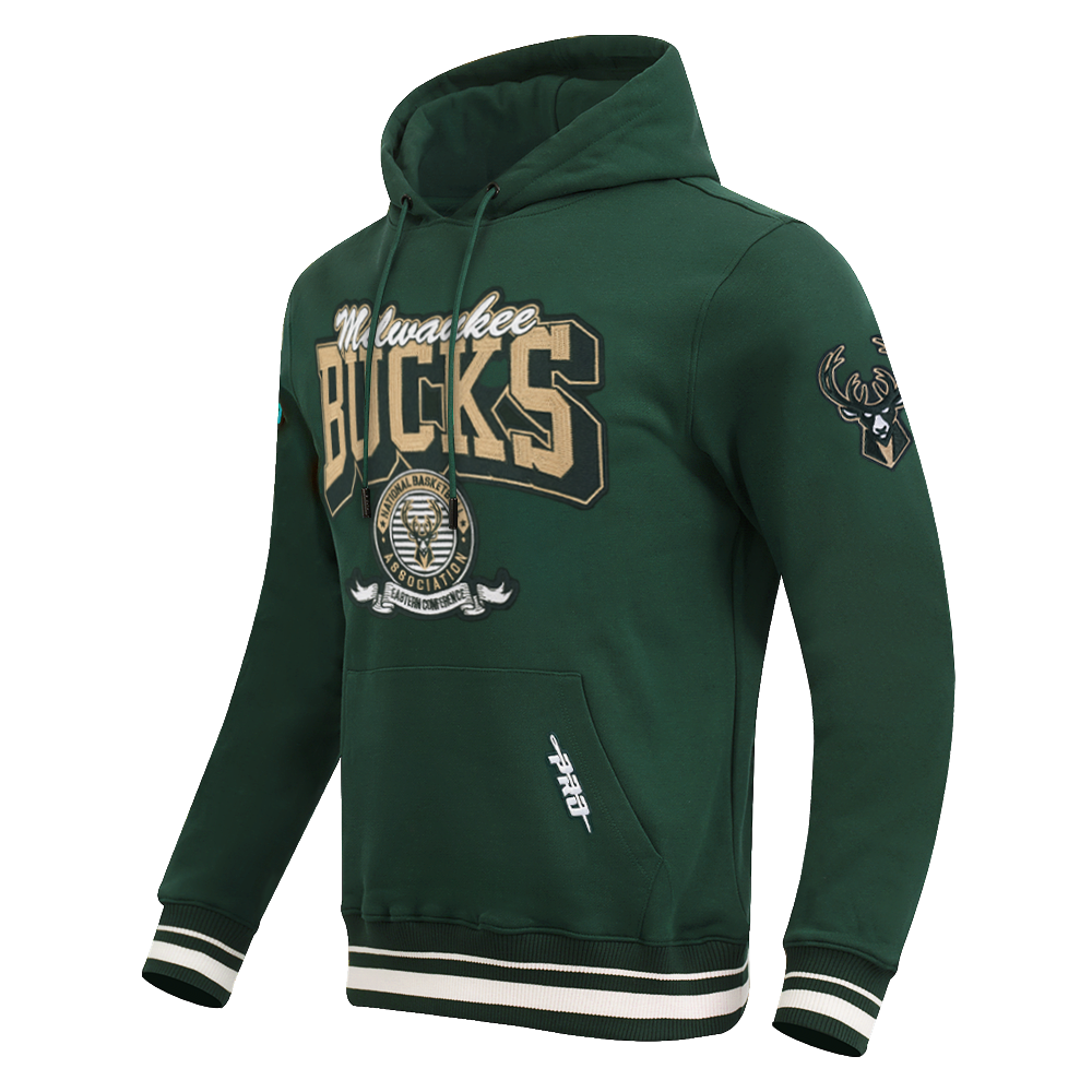 NBA MILWAUKEE BUCKS TEAM BADGE MEN'S RIB FLC PO HOODIE (FOREST GREEN)