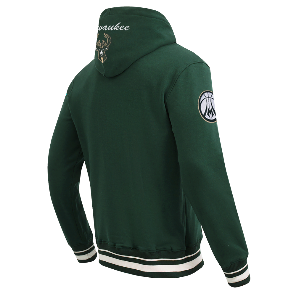NBA MILWAUKEE BUCKS TEAM BADGE MEN'S RIB FLC PO HOODIE (FOREST GREEN)