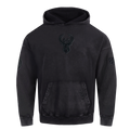 NBA MILWAUKEE BUCKS WASHED CLASSIC MEN'S ENZYME WASH DROP SHOULDER FT PO HOODIE (WASHED BLACK)