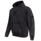 NBA MILWAUKEE BUCKS WASHED CLASSIC MEN'S ENZYME WASH DROP SHOULDER FT PO HOODIE (WASHED BLACK)