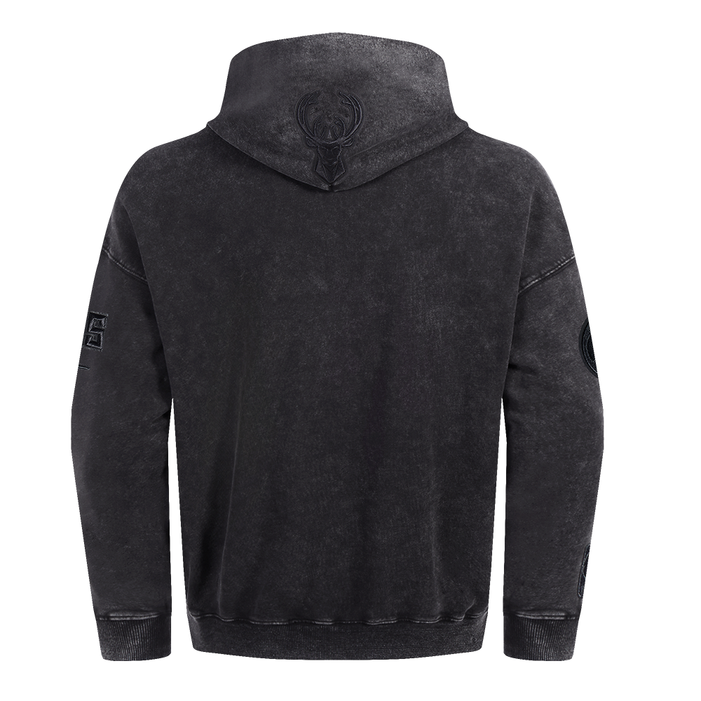NBA MILWAUKEE BUCKS WASHED CLASSIC MEN'S ENZYME WASH DROP SHOULDER FT PO HOODIE (WASHED BLACK)