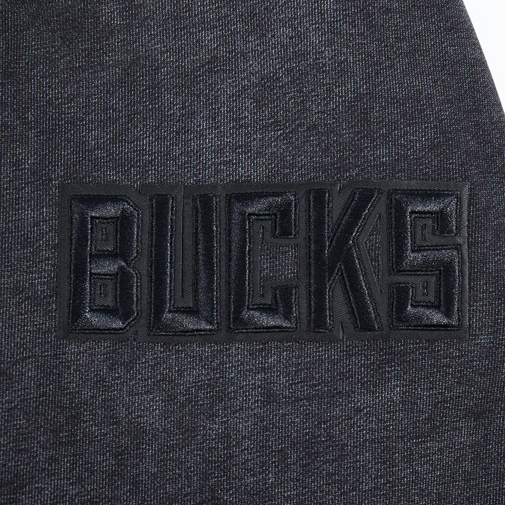 NBA MILWAUKEE BUCKS WASHED CLASSIC MEN'S ENZYME WASH DROP SHOULDER FT PO HOODIE (WASHED BLACK)