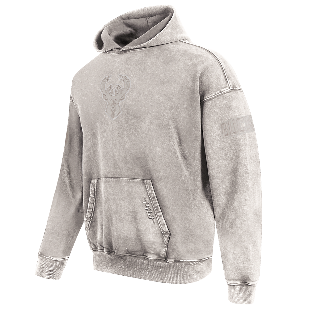 NBA MILWAUKEE BUCKS WASHED CLASSIC MEN'S ENZYME WASH DROP SHOULDER FT PO HOODIE  (WASHED WARM SLATE)