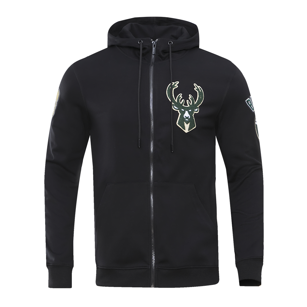 NBA MILWAUKEE BUCKS CLASSIC CHENILLE MEN'S FULL ZIP PULLOVER HOODIE (BLACK)