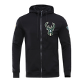 NBA MILWAUKEE BUCKS CLASSIC CHENILLE MEN'S FULL ZIP PULLOVER HOODIE (BLACK)