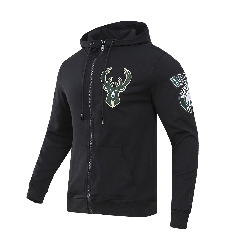 NBA MILWAUKEE BUCKS CLASSIC CHENILLE MEN'S FULL ZIP PULLOVER HOODIE (BLACK)