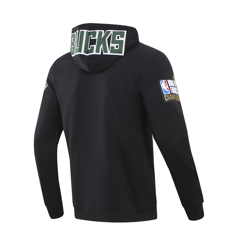 NBA MILWAUKEE BUCKS CLASSIC CHENILLE MEN'S FULL ZIP PULLOVER HOODIE (BLACK)