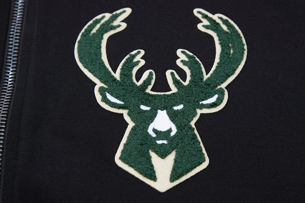 NBA MILWAUKEE BUCKS CLASSIC CHENILLE MEN'S FULL ZIP PULLOVER HOODIE (BLACK)