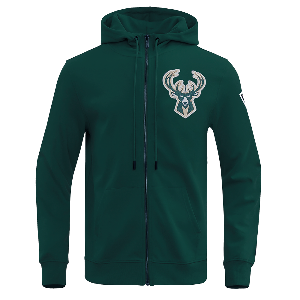 NBA MILWAUKEE BUCKS CLASSIC CHENILLE MEN'S DOUBLE KNIT  FULL ZIP HOODIE (FOREST GREEN)